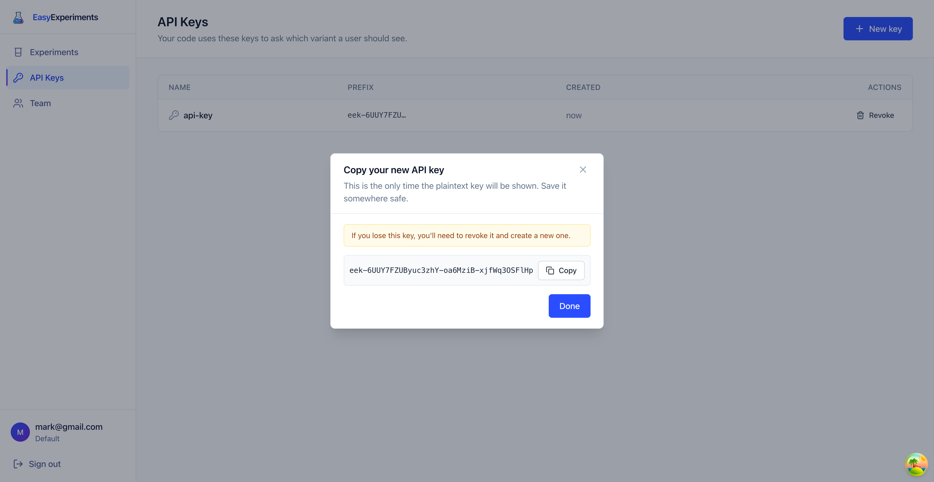 API key modal showing a newly created key and a copy button