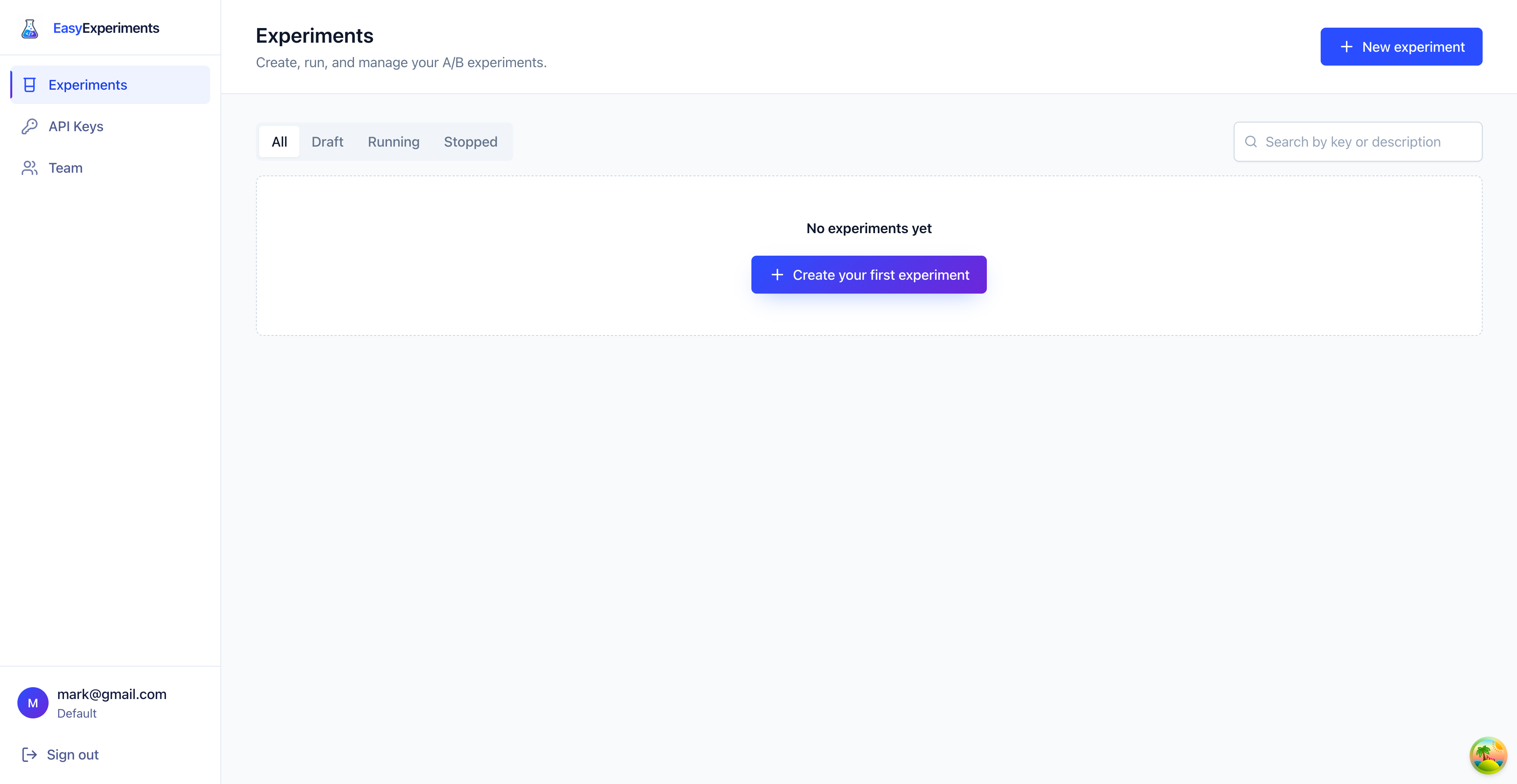 Empty experiments list with a Create your first experiment button