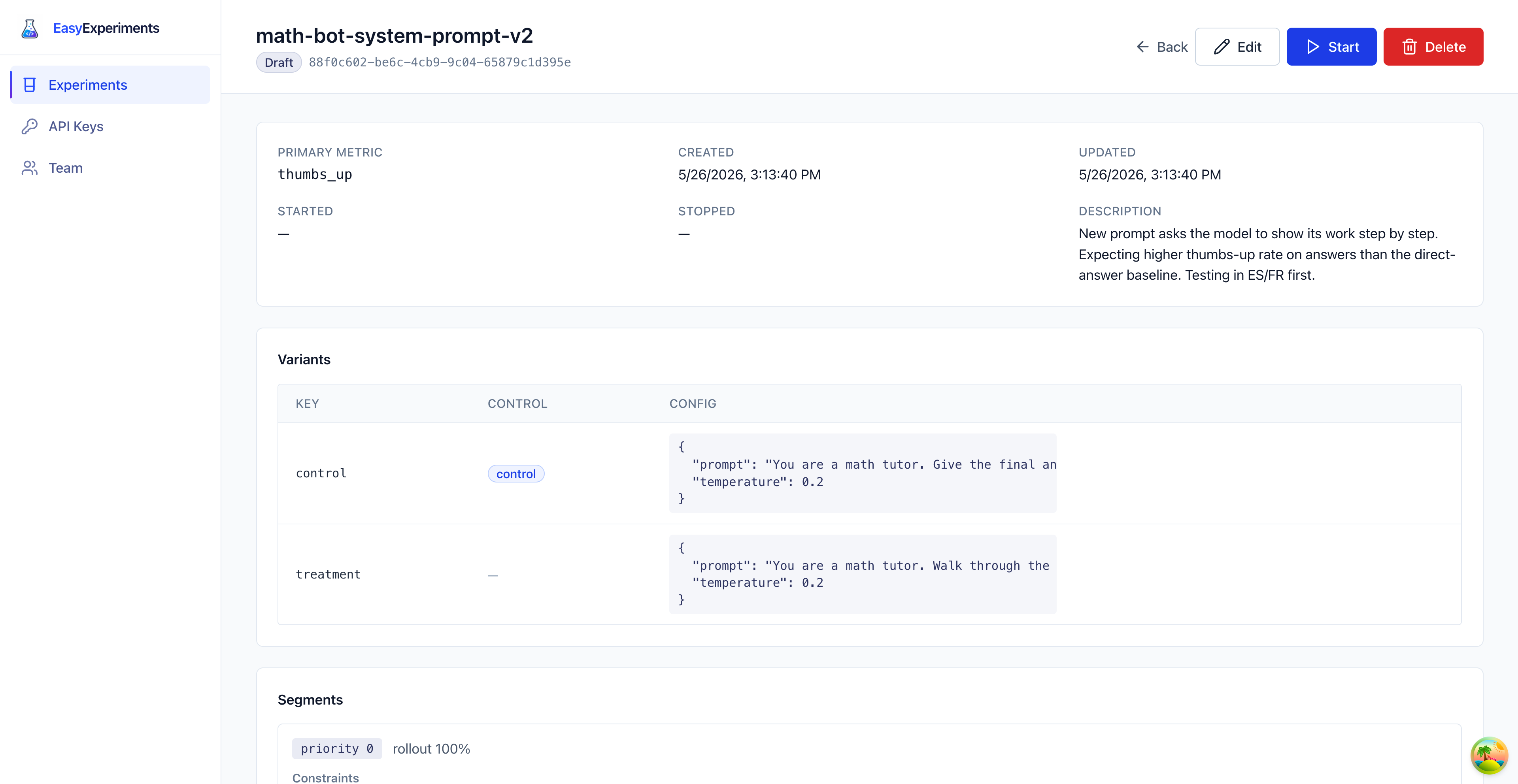 Experiment detail page for math-bot-system-prompt-v2 in draft status with a Start button