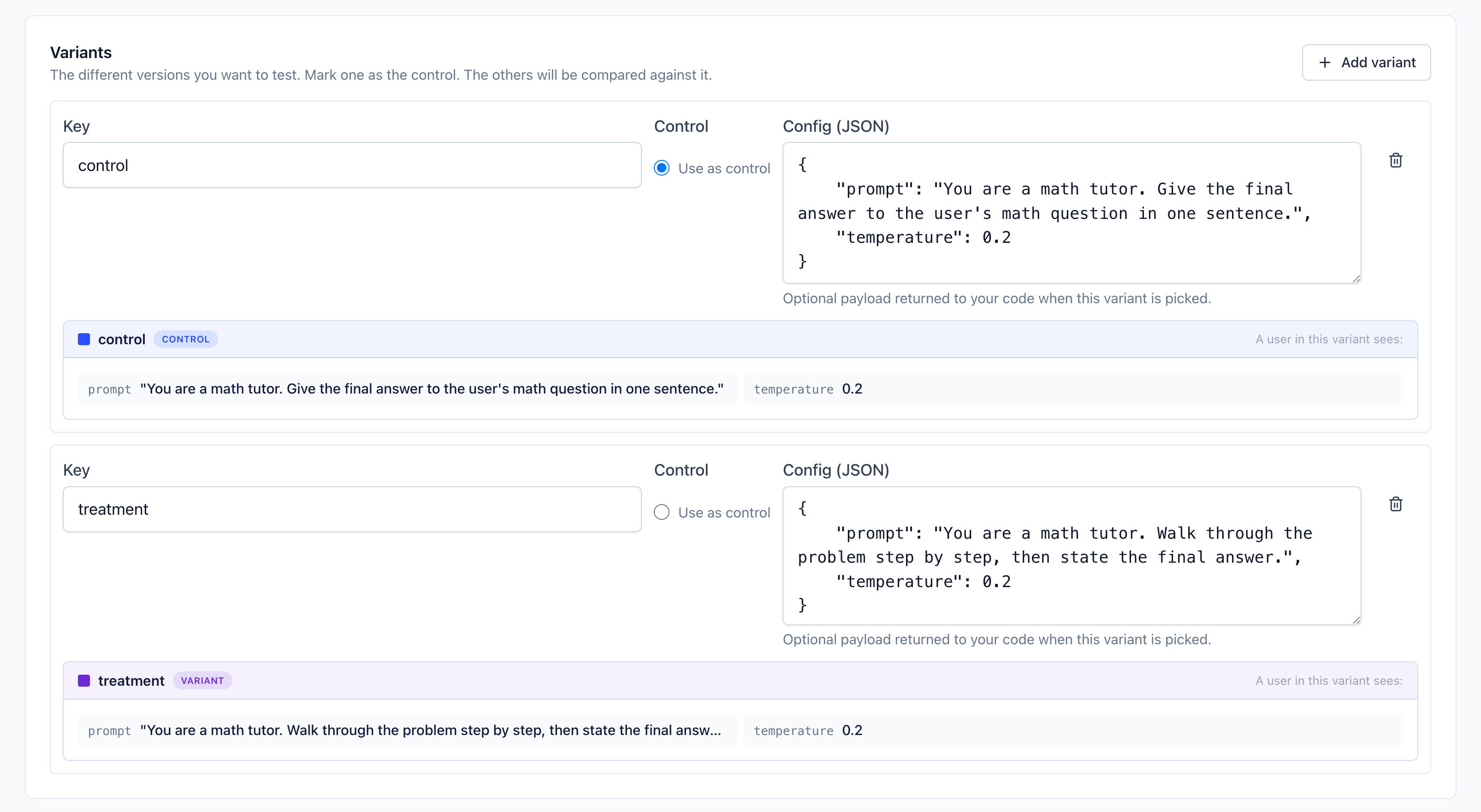 Variants form with control and treatment configs using temperature 0.2